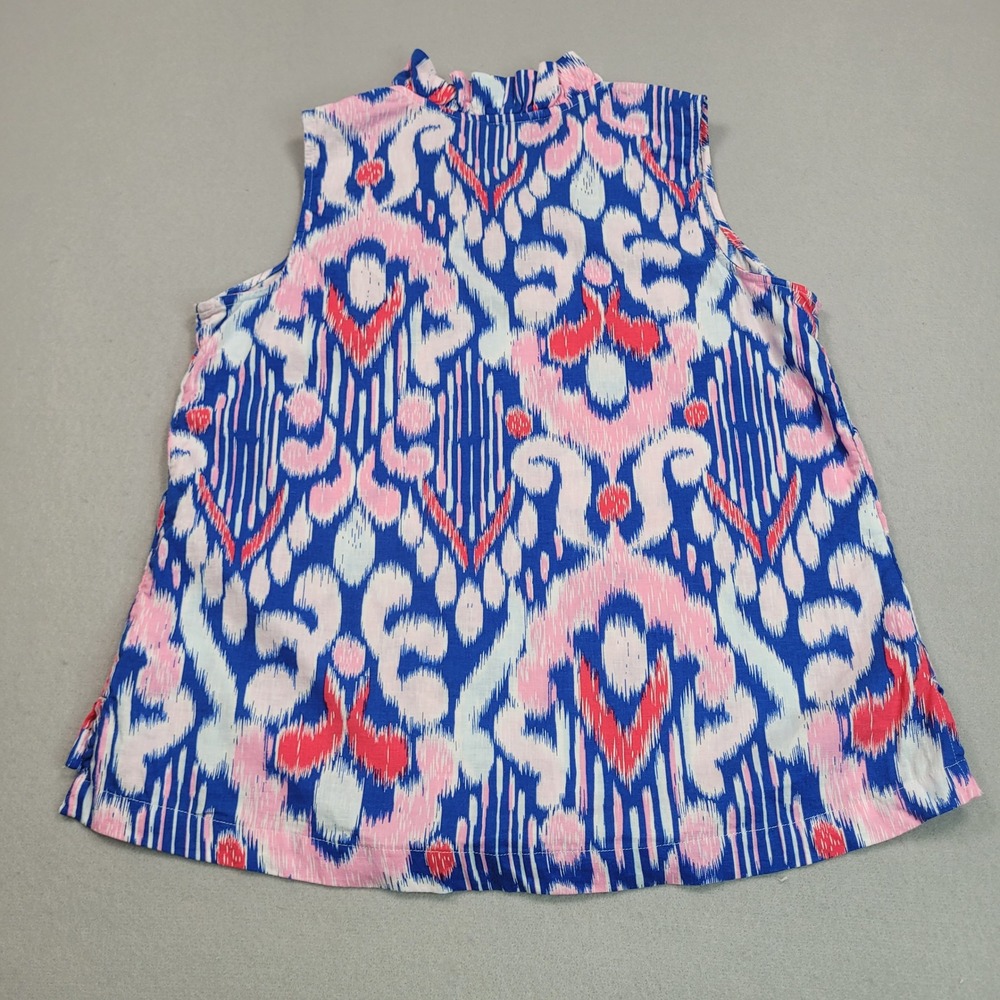 Crown & Ivy Blue Pink Ikat Sleeveless Ruffle Neck Linen Blend Top Petite Small - Picture 2 of 7